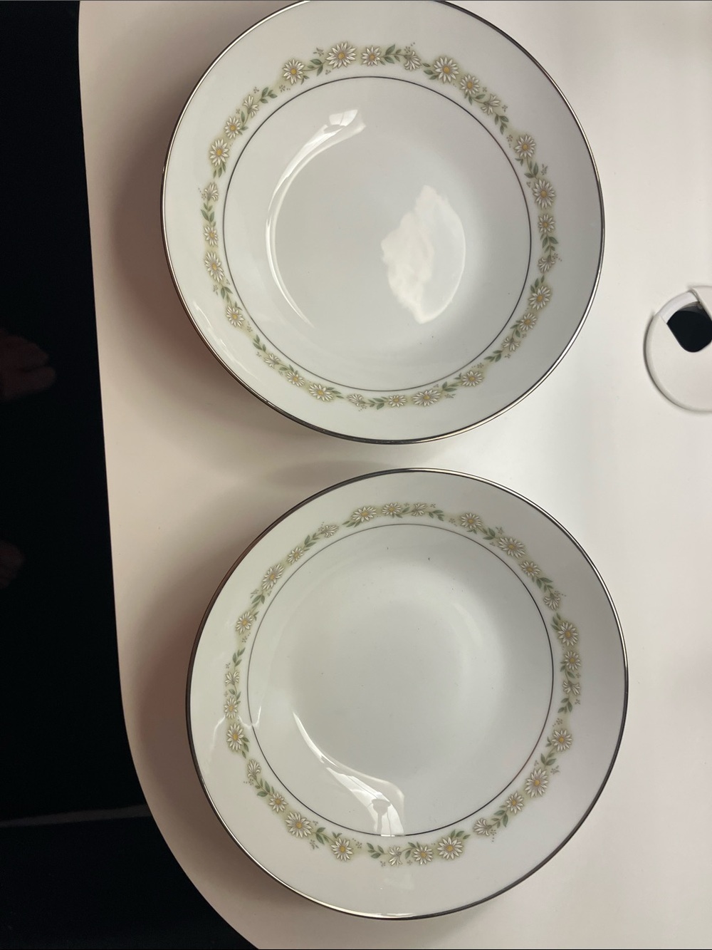 Classic White Porcelain Noritake Trilby Bowls with Floral Green Trim (Set of 2)